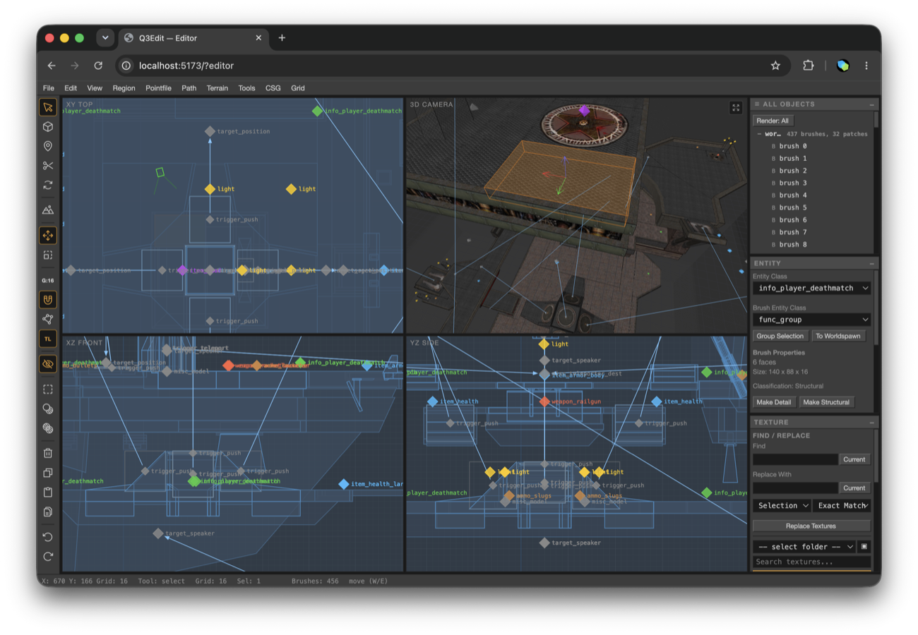 Q3Edit showing its four map-editing viewports, toolbars, object list, entity controls, and texture browser